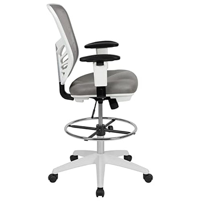 Flash Furniture Tyler Mid-Back Light Gray Mesh Ergonomic Drafting Chair with Adjustable Chrome Foot Ring, Adjustable Arms and White Frame - color: Light Gray Mesh/White Frame