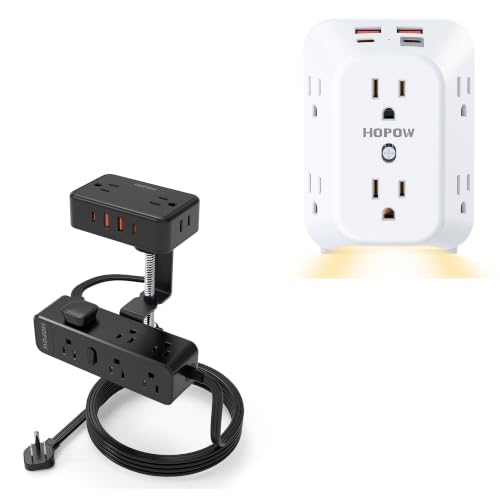HOPOW Dual Layer Desk Clamp Power Strip with 13 Outlets 4 USB Ports (2 USB C), Outlet Extender, PD20W, Night Light, 6AC&2A2C, ETL, Multi Outlet Wall Plug