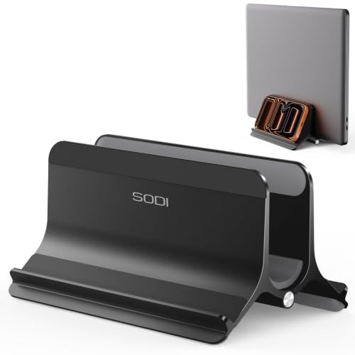 SODI Vertical Laptop Stand Holder for Desk Compatible with MacBook Air, MacBook Pro Stand Vertical Aluminum Up to 17 inch, Gravity Auto-Lock Cooling, 3-in-1 Space Saving Desk Organizer Accessories - color: Black