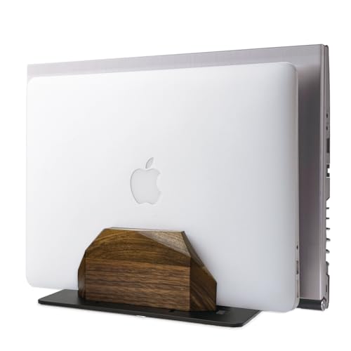 Walnut Vertical Laptop Stand, Dual Slot Wood Laptop Holder for Desk - color: Black