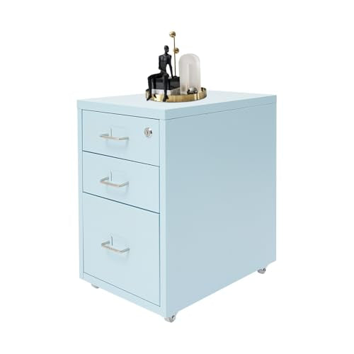 3-Drawer Mobile File Cabinet, 11*16*18.3in Locking Vertical File Cabinet Rolling Filing Cabinet Small Filing Cabinets Under Desk Locker Metal Mobile File Cabinet w/Tag Jacks for Office Study (Blue) - color: Blue