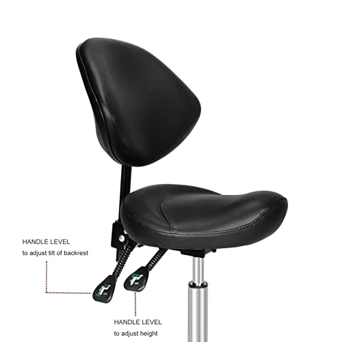 Kaleurrier Saddle Stool with Back Support: Rolling Saddle Chair with Wheels - color: Black, size: With Back