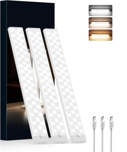 Under Cabinet Lighting Wireless, 3 Packs Rechargeable Motion Sensor Light Indoor Disassembled, 3 Color Temps Closet Light Stick on, 8 Inches Under Counter Lights for Kitchen, Wardrobe, Bedroom