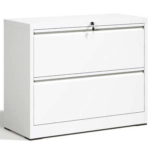 2 Drawer Lateral File Cabinet with Lock White Filing Cabinet - color: White, size: 28.5"H-2 drawers