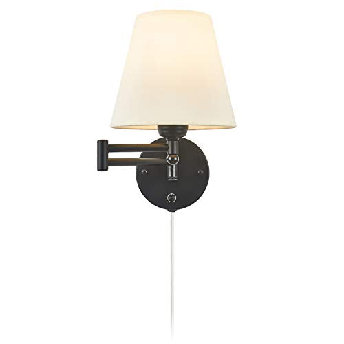 Swing Arm Wall Lamp Plug in Wall Mount Opaque Ivory Linen Shade 40W 2-Way Cord Covers(1 Light)