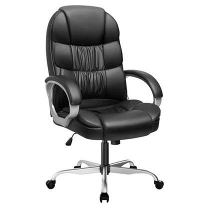 Furmax Leather High Back Office Chair Ergonomic Executive Office Chair Swivel Computer Desk Chair Lumbar Support Soft Cushioned Padded Arms (Ink Black) - color: Ink Black