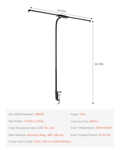 VEVOR LED Desk Lamp with Clamp, Double Head Architect Desk Lamp for Home Office, Eye-Caring Desk Light with 360° Adjustable Gooseneck, 50 Lighting Modes & Timer Function for Studying Working Drawing