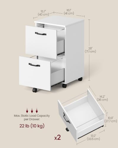 VASAGLE 2-Drawer File Cabinet, Small Rolling Filing Cabinet - color: Snow White, style: Classic