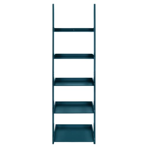 Modern 5 Tier Wall-Leaning Ladder Bookshelf, Blue, 70 Inches | Organizer, Storage Rack - color: Blue