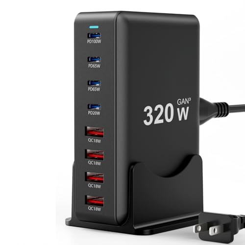 320W Fast Charging 8 Port USB C Charger Block, Multi-Device USB Charging Station Wall Desktop Charger with GaN Ⅲ Technology, USB-C Charger Adapter for MacBook/iPad/iPhone 16/Samsung Galaxy/DELL/HP - size: 320 W