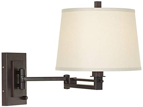 Easley 15" Bronze Plug-In Swing Arm Modern Wall Lamp Light Fixture | Adjustable Cord Matte Brown Dimmable Fabric Drum Shade for Bedroom Bedside Living Room Reading Kitchen
