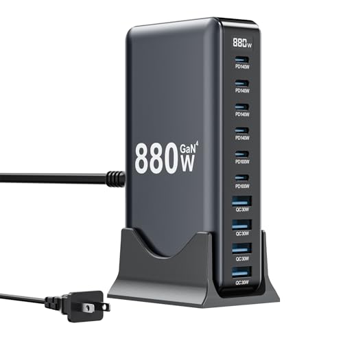 880W USB C Charger Block,10-Port USB C GaN Multiple Port Charging Station - color: Black