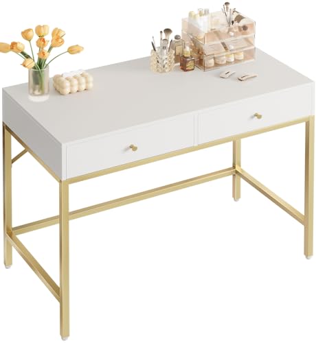 SUPERJARE 31.5" White and Gold Desk with 2 Drawers, Modern Vanity Desk - color: White and Gold, size: 31.5 inch