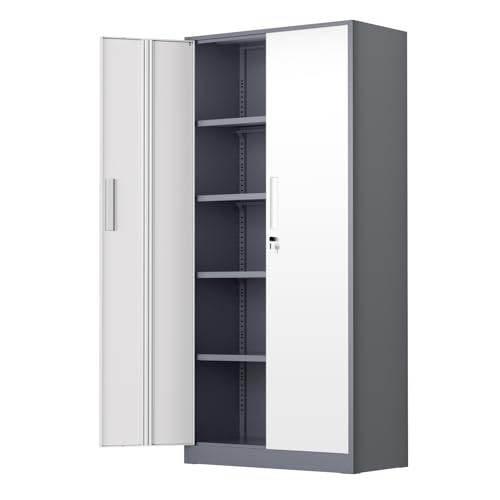 SUNCROWN Metal Storage Cabinets with Lock, Tool Cabinet, 72" Locking Steel Storage, Tall Locker Organizer Garage Cabinets with 2 Doors and 4 Shelves for Home,Office,Warehouse,Garage,School(Grey White) - color: Grey & White, size: 72"H x 32"W x 16"D