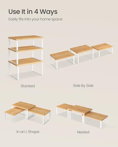 SONGMICS Cabinet Organizer Shelf, Set of 3 Spice Rack, Kitchen Storage | Kitchen Counter Shelves, Kitchen Storage, Spice Rack, Light Bamboo and Matte White, BYSTRO Collection UKCS014W01 - color: Cloud White + Natural Beige