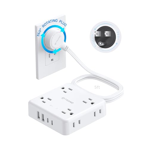 TROND 360° Rotating Flat Plug Power Strip 5ft, 8 AC & 4 USB (2U2C), White - color: White, size: 5FT, style: Rotating Plug-2U2C