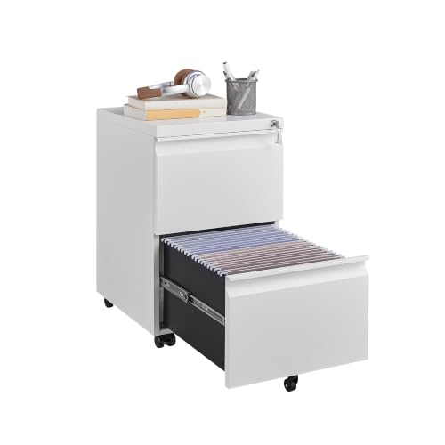 Approgreent 2 Drawer Metal File Cabinet, Fully Assembled Locking Filing Cabinet with Anti-Tipping Wheels, Quiet Slide, Heavy-Duty Steel Construction, Fits A4 Letter Legal for Home Office, Matte White - color: 03-b White