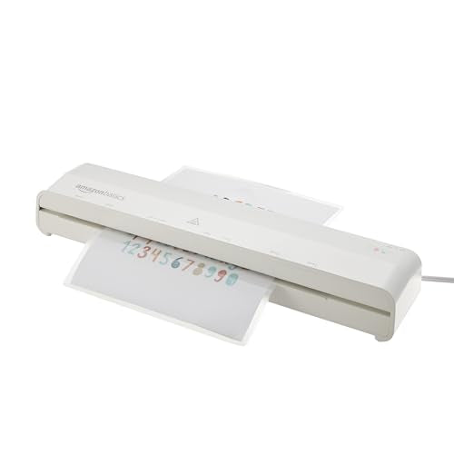 Amazon Basics 12-Inch Thermal Laminator Machine, 1 Min Fast Warm-Up, for Documents Photos, Home/Office/School Use, 20 Pouches Included, White - size: 12-inch + 20 Pouches
