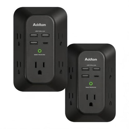 Addtam 5-Outlet Extender Surge Protector, Multi Plug Wall Outlet with 4 USB Wall Charger, Plug Extension Outlet 1800J, Outlet Splitter Power Strip for Home Office Dorm Room Essentials, Black, 2 Pack - style: 1C3A 2 Pack