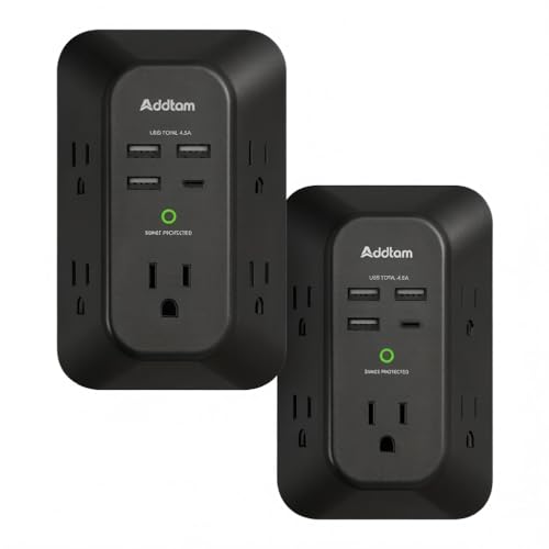 Addtam 5-Outlet Extender Surge Protector, Multi Plug Wall Outlet with 4 USB Wall Charger, Plug Extension Outlet 1800J, Outlet Splitter Power Strip for Home Office Dorm Room Essentials, Black, 2 Pack - style: 1C3A 2 Pack