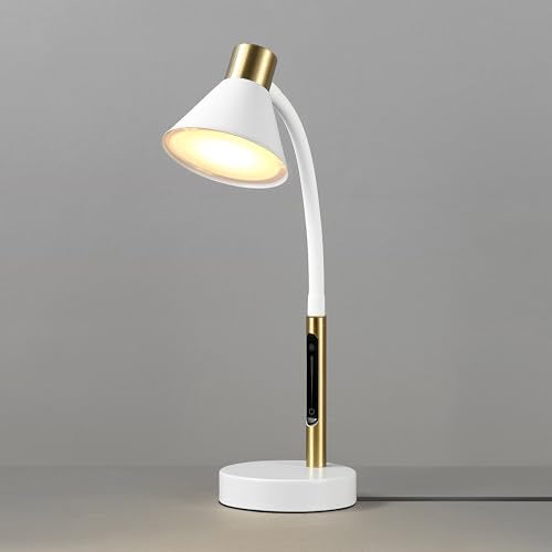 Globe Electric 15" LED Integrated Matte White Desk Lamp with Matte Brass Accent and Adjustable Silicone Gooseneck - color: Matte White, Albert