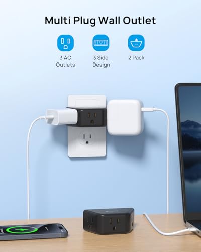 TROND Outlet Extender - 2 Pack Multi Plug Wall Outlet, 3 Way Outlet Wall Adapter + Desk Clamp Power Strip USB C, Surge Protector with 4 AC Outlets 4 USB Ports +