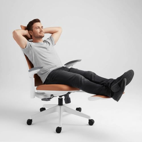 Sunaofe Boss Pro Leather Ergonomic Office Chair with Footrest - Executive Chair, 4D Armrests, Adaptive Lumbar, 125° Recline, 300lb Capacity, 5-Year Warranty White Frame/Brown - color: White Frame/Brown