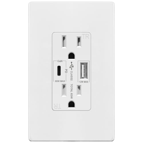 TOPGREENER GaN 65W PD USB C Outlet Receptacle, 15 Amp Wall Outlet, White | Duplex Tamper-Resistant Receptacles, Ultra-Speed USB Outlet for Laptop, Tablet, UL Listed, Wall Plate Included, 1 Pack - color: White