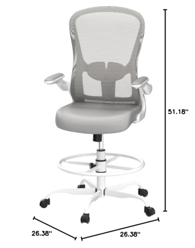 Drafting Chair, Tall Office Chair with Flip-up Armrests Executive Ergonomic Computer Standing Desk Chair, Office Drafting Chair with Lumbar Support and Adjustable Footrest Ring - color: Light Grey&white