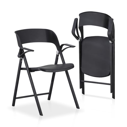KAIHAOWIN 2 Pack Plastic Folding Chair with Armrest, Heavy Duty Foldable Chairs with Steel Frame Commercial Stackable Guest Chairs for Indoor and Outdoor-Black - color: Black X 2