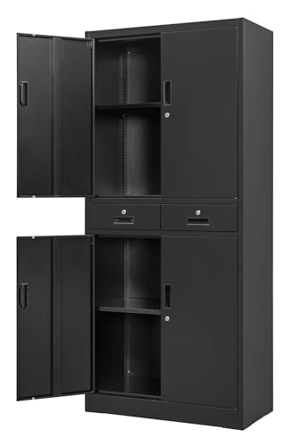 Wanfu Metal Storage Cabinet, 71" Locking Storage Cabinet with Adjustable Shelves and 2 Drawers, Steel Cabinets for Office, Garage, Home, School, Utility Room(Black) - color: Black, size: 71"-2drawers