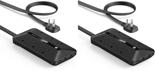 Anker 300J Flat Plug 10-in-1 Ultra Thin Power Strip with 6 AC, 2 USB-A & 2 USB-C Ports, Extension Cord, Desk Charging Station for Home, Office, College, Dorm, 5 Feet, Black (Pack of 2) - color: Black, size: 5FT (Pack of 2)