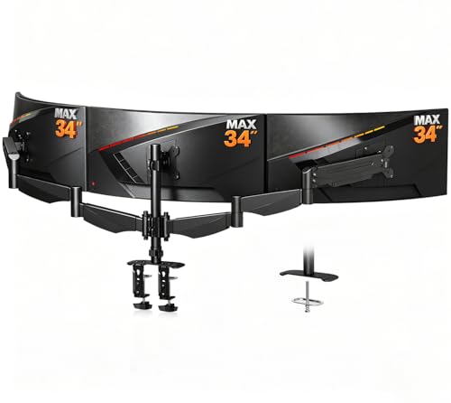 Bracwiser Triple Monitor Mount for 17 to 34 inch Screens, Holds up to 26.45lb, Adjustable Triple Monitors Stand for Desk with Tilt, Swivel, Rotation, Clamp & Grommet Kit, VESA 75/100mm, Black, MDX003P - size: 17-34"