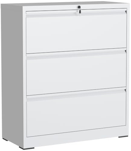 3 Drawer Lateral File Cabinet with Lock, File Cabinet for Home Office,White | Heavy-Duty Steel Locking File Cabinet, Hanging Letter/Legal/A4 Size, Full-Extension Silent Drawer, Un-Assembly - color: White, size: 3 Drawers