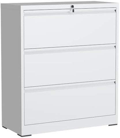 3 Drawer Lateral File Cabinet with Lock, File Cabinet for Home Office,White | Heavy-Duty Steel Locking File Cabinet, Hanging Letter/Legal/A4 Size, Full-Extension Silent Drawer, Un-Assembly - color: White, size: 3 Drawers