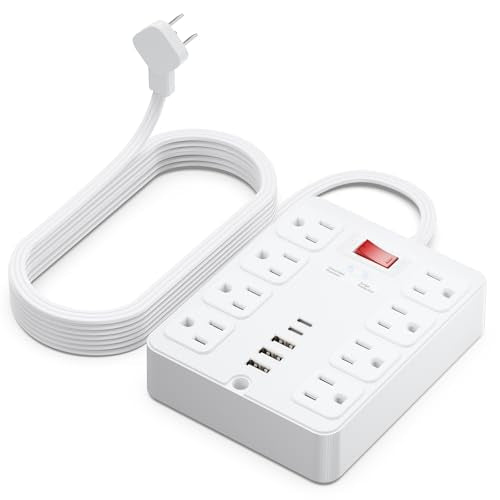 13 in 1 Surge Protector Power Strip Flat Plug 8 Widely AC Outlet 3 USB Ports,1250W/10A，5 ft Extension Cord with Multiple Outlets, Desk Extender for Dorm, Home,Travel，Office Essentials,ETL Listed - color: White, size: 5FT
