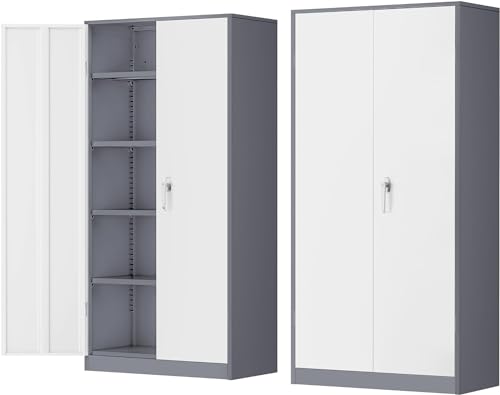 Metal Storage Cabinet Doors, 72" Locking Steel Storage Cabinet with Shelves, Tall Lockable Steel Cabinets for Home Office, Garage(New Grey) - color: New Grey, size: 72" High