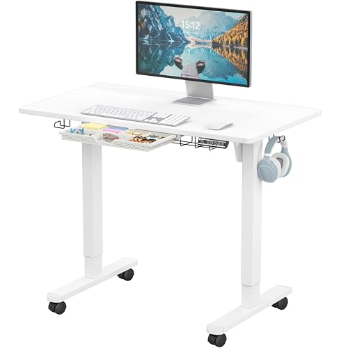 SHW Mobile Electric Height Adjustable Standing Desk w/Drawer, White | 40" Wide Top | w/ Memory Presets and Cable Management | Drawer with adjustable compartments | Hanging Hooks - color: White