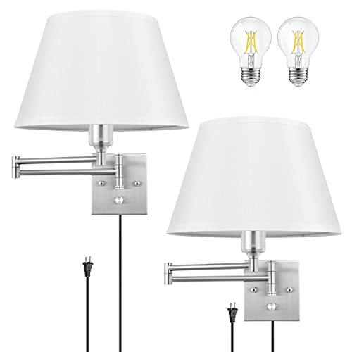 TRLIFE Dimmable Wall Sconce Plug in, Brushed Nickel Wall Sconces Set of Two Swing Arm Wall Lights with Plug in Cord and On/Off Dimmer Rotary Switch, 11.8" Large White Fabric Shade(2 Pack, 2 Bulbs) - color: White, size: Large