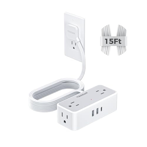 TESSAN Extension Cord 15 FT, Power Strip with 900J Surge Protection, Grey | 4 AC Outlets 1 USB C and 2 USB A Ports, Flat Plug, Multiple Wall Outlet Extender Suitable for Office Dorm - color: Gray, size: 15 FT (1 USB-C, 2 USB-A)