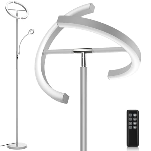 SIBRILLE 2-in-1 Dimmable Floor Lamp with Reading Light - Rotatable Standing Lamp with Remote&Touch Control, Stepless Color Brightness Adustable, Modern Lamp for Living Room Bedroom Office, Silver - color: Silver Gray