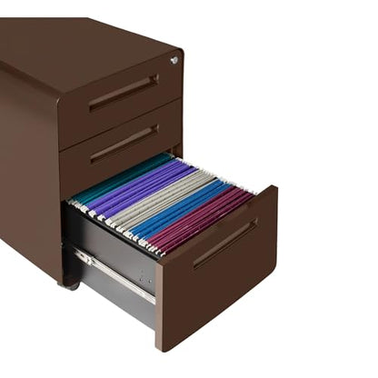 Laura Davidson Furniture Stockpile 3 Drawer File Cabinet with Lock - Under Office Desk Metal Filing Cabinet, Legal/Letter File Folders, Wheels and Stationary Feet, Pre-Assembled, Dark Brown - color: Dark Brown