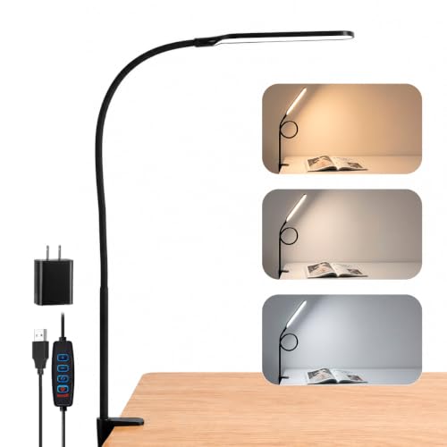 Long Gooseneck LED Clamp Desk Lamp, Eye-Caring Reading Light | Dimmable Clip on Lamp, 800LM, 3 Colors and 10 Modes, for Office Home Task
