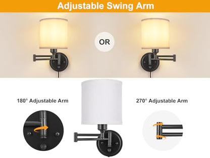 Plug in Wall Sconces with Remote Control, Dimming 10%-100% & Adjustable Colors 2700K-6500K, Hardwire or Plug-in, Swing Arm Wall Lamp with White Fabric Shade, Wall Sconces Set of Two, Black Finish - color: Black & White
