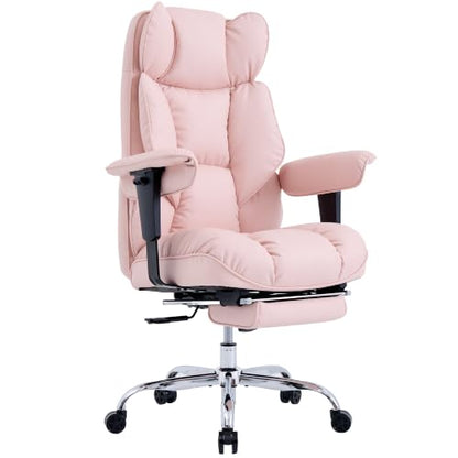 Efomao Executive Office Chair 400lbs,Pink Big and Tall Desk Chair | Mattress-grade pocket spring cushion, sleek leather, 135° recline & footrest for computer gaming setup. - color: 3084p-pink