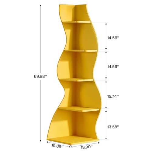 Tribesigns Wavy Corner Shelf, Modern 5-Tier Bookshelf Bookcase with Curvy Shape, Unique Plant Stand Display Rack for Living Room Small Space (Yellow) - color: Yellow