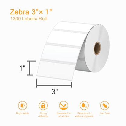 (15600 Labels/12 Rolls) Labelebal 3-Proof 1" Core 12 Rolls 3" x 1" Inch Direct Thermal Labels & Stickers,Address Shipping Labels Compatible with Rollo & Zebra Desktop Printers Adhesive - color: Zb-3''x1''-12 Rolls-15600 Labels
