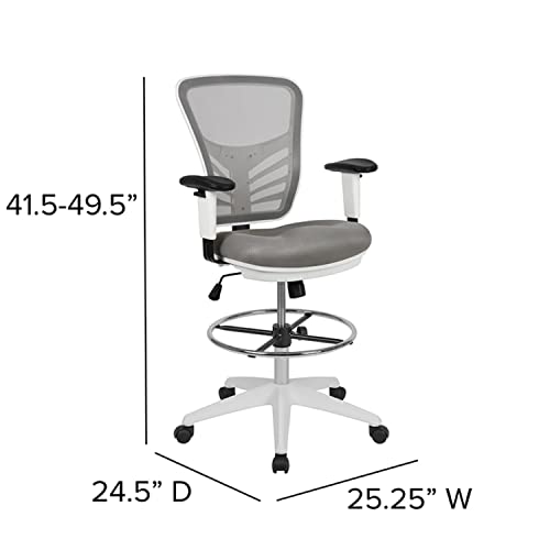 Flash Furniture Tyler Mid-Back Light Gray Mesh Ergonomic Drafting Chair with Adjustable Chrome Foot Ring, Adjustable Arms and White Frame - color: Light Gray Mesh/White Frame