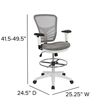 Flash Furniture Tyler Mid-Back Light Gray Mesh Ergonomic Drafting Chair with Adjustable Chrome Foot Ring, Adjustable Arms and White Frame - color: Light Gray Mesh/White Frame
