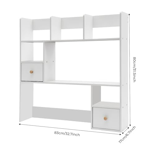 Desktop Bookshelf, 31.5" Tall Countertop Storage Hutch with 7 Compartment and 2 Drawer, Desk 3-Tier Display Rack, Multipurpose Wood Desktop Hutch Storage Organizer for Dorm Office Home (White)